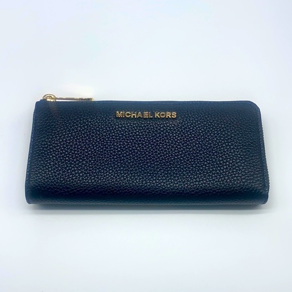 Michael Kors - Pebbled Black Leather Large Zip Around Wallet With Gold Accents - Picture 1 of 12